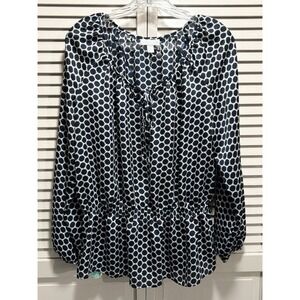 Charter Club Navy/White Geo‎ Chiffon Long Balloon Sleeve Blouse Size L Elastic